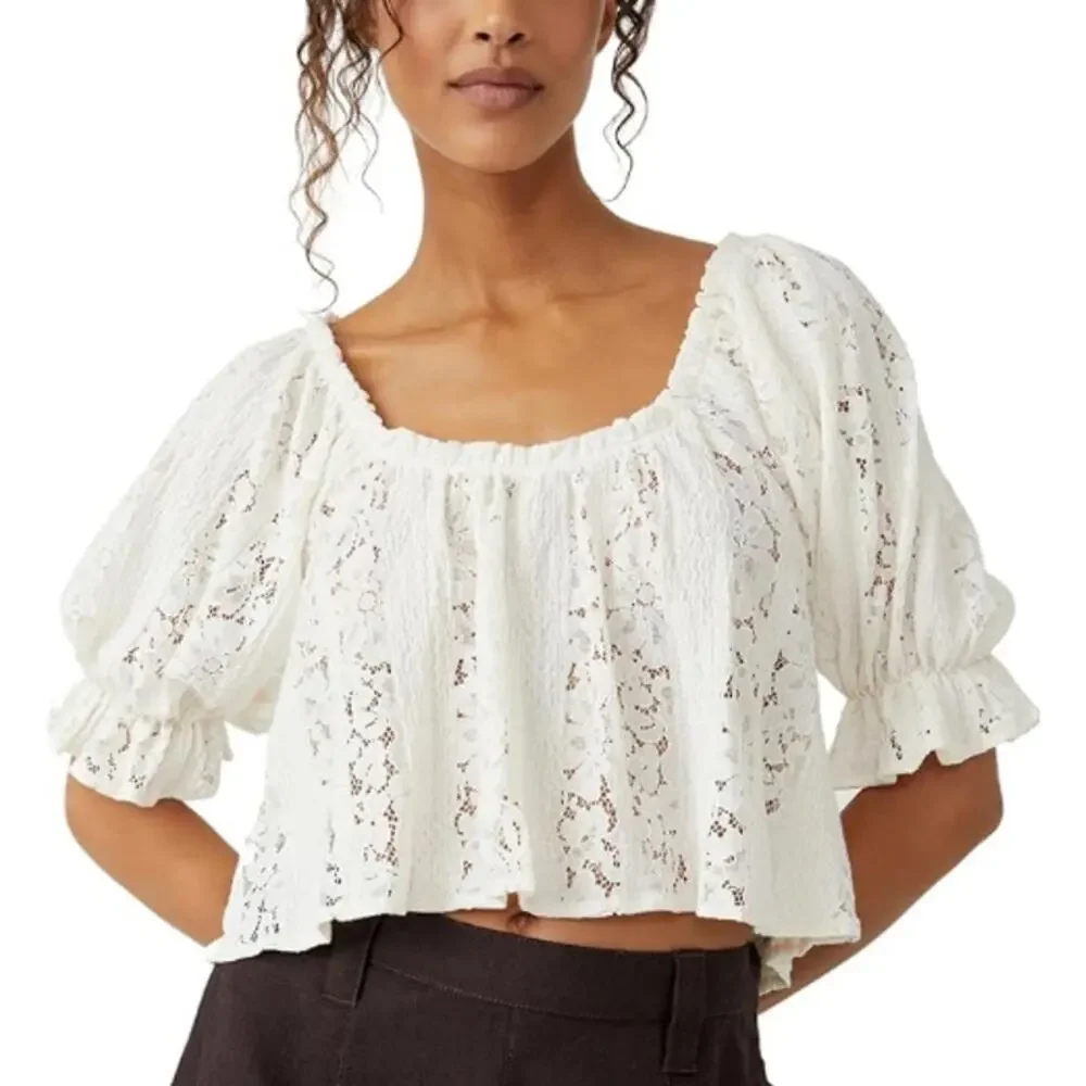 Free People Stacey White Lace Sheer Overshirt Boho Coquette Women's size Medium - Picture 1 of 9